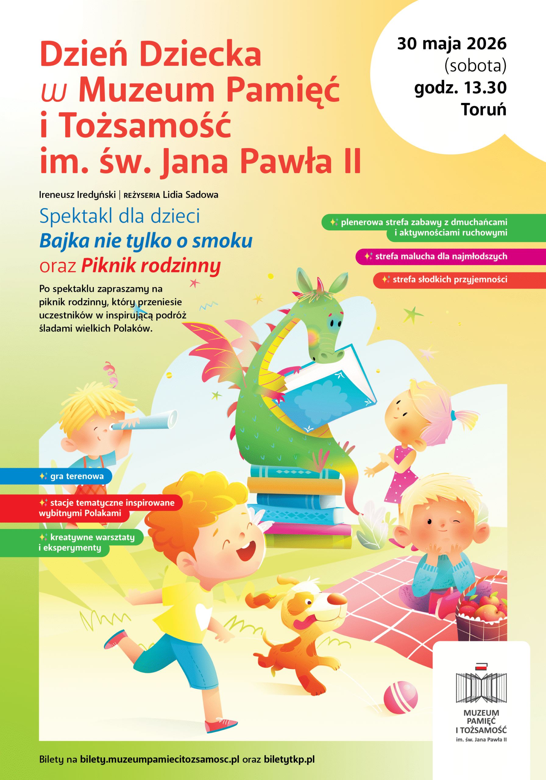 lakat Dnia Dziecka w Muzeum Pamięć i Tożsamość im. św. Jana Pawła II. Kolorowa ilustracja bawiących się dzieci i smoka z książkami.